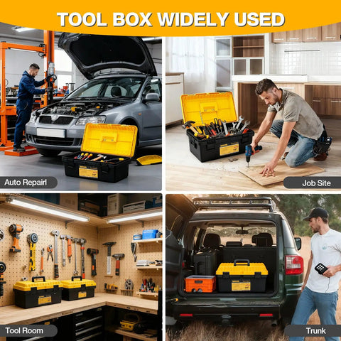 4 Piece Grab And Go Ready Large Plastic Tool Box Set Waterproof With Organizer Tray Heavy Duty Stackable Storage Case Portable Tool Boxes Black And Yellow 13 Inch 15 Inch 17 Inch 19 Inch in use at various locations including auto repair and job site.