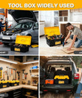 Stackable Tool Box Set Built Tough Plastic Organizer Boxes With Removable Trays For Screws, Parts And Tools, Space Saving 4 Box Nesting System For Garage, Workshop Or Home In 13, 15, 17 And 19 Inch Sizes pictured in various usage scenarios