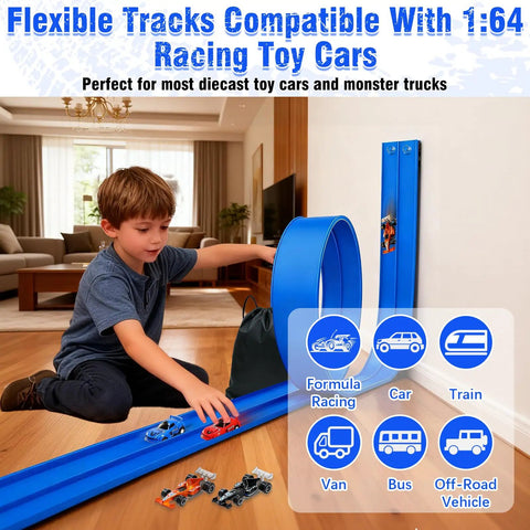 Child playing with 20 Foot Flexible Race Track Toy Kit With Four Race Cars And Suction Cups Rolls Up Portable DIY Anti Gravity Track Set For Kids Blue Ideal For Epic Hills Easy Setup Indoor Or Outdoor Play