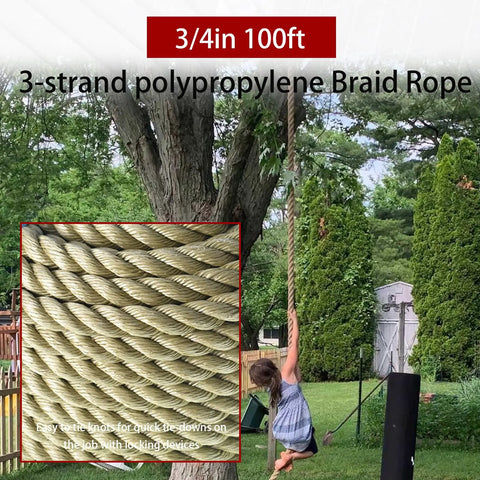 Heavy Duty Three Quarters Inch Polyethylene Rope 100 Feet 3 Strand For Indoor And Outdoor Use Go To Camping Swing Setups Tying Gear Drying Racks Brown used as swing in backyard.
