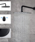 Matte Black All In One Shower System Complete Kit With 12 Inch Rainfall Shower Head And 5 Setting Handheld Rough In Valve Body And Trim Included 16.9 Inch Shower Arm And 59 Inch Hose For High Pressure Spa showing water flow and adjustment options