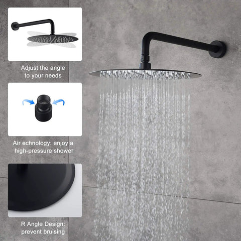 Matte Black All In One Shower System Complete Kit With 12 Inch Rainfall Shower Head And 5 Setting Handheld Rough In Valve Body And Trim Included 16.9 Inch Shower Arm And 59 Inch Hose For High Pressure Spa showing water flow and adjustment options