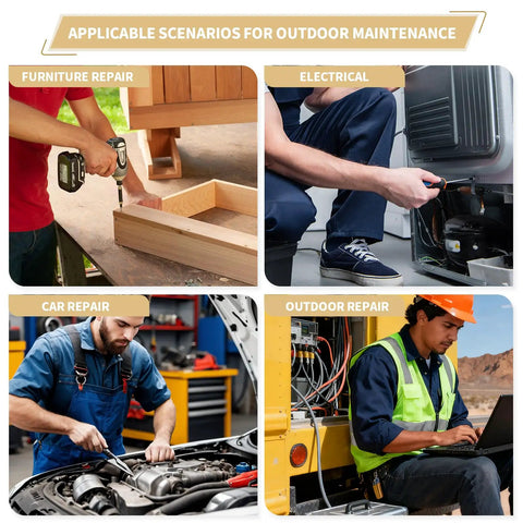Four images showing scenarios for 750 Piece Nylon Flat Washers Set: furniture repair, electrical, car repair, outdoor maintenance.