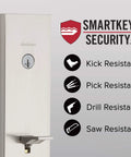 Vancouver Front Door Lock Set With Exterior Handleset And Reversible Interior Lever Satin Nickel Finish Pick Resistant SmartKey Rekey Deadbolt Security features.