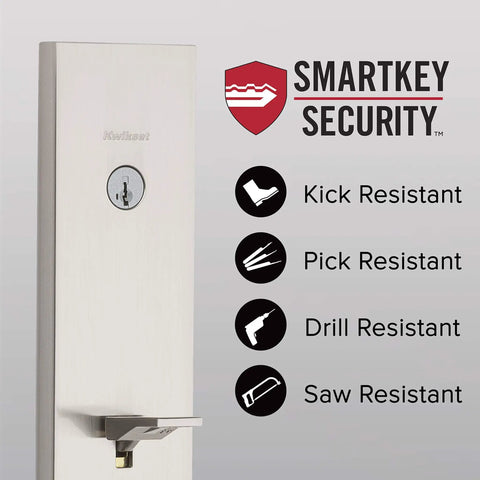 Vancouver Front Door Lock Set With Exterior Handleset And Reversible Interior Lever Satin Nickel Finish Pick Resistant SmartKey Rekey Deadbolt Security features.