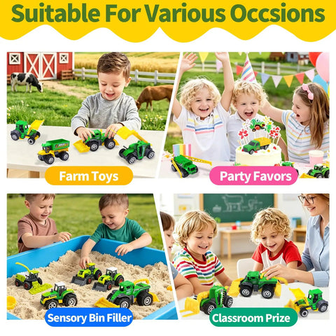 Kids playing with Six Piece Diecast Farm Vehicle Toy Set For Kids 3 Years And Up Includes Tractor Harvester Transporter Sprayer Seeder Forklift