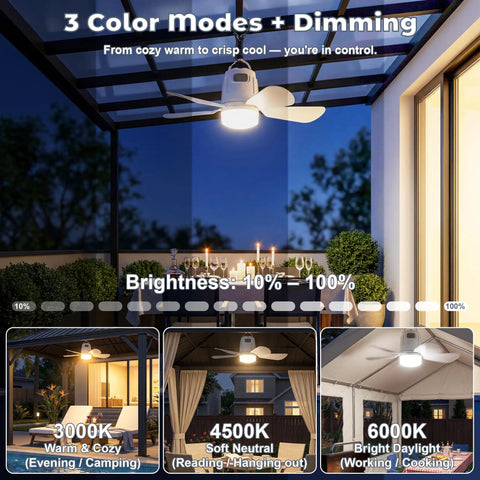 Kick Back And Chill With This Wireless Ceiling Fan 20 Inches Powered By 20000mAh Battery And Smooth Led Lighting Remote Control For Backyard Gazebo Setup with three color modes.