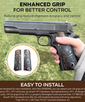 Hand holding gun with WWII M1911.45 ACP Wooden Grips Indian Rosewood Dalbergia Sissoo, Republic Of Texas Design, military style