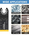 AIFICUT 26pc titanium oscillating saw blade set for wood/plastic/metal; front view with six application icons.