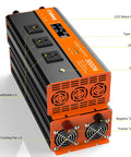 3000W Power Inverter 12V DC To 120V AC Car Truck RV with LCD monitor, AC outputs, USB port, and dual cooling fans.