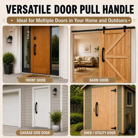 Versatile Door Pull Handle for Front, Barn, Garage Side, and Shed Doors with a sleek black finish.