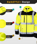 Hi Viz Reflective Safety Jacket For Work ANSI OSHA Class 3 Water Resistant Gear Limited Edition Pattern Yellow Large with detachable hood, soft shell, fleece interior