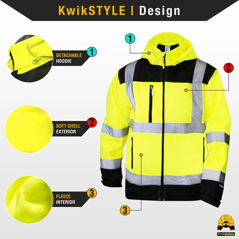 Hi Viz Reflective Safety Jacket For Work ANSI OSHA Class 3 Water Resistant Gear Limited Edition Pattern Yellow Large with detachable hood, soft shell, fleece interior