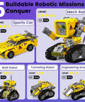 5 In 1 STEM RC Robotics Kit With App And Remote Control featuring Mech Robot, Wall Robot, Sports Car, Tunneling Robot, Engineering Grader