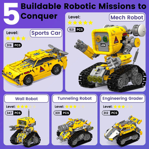 5 In 1 STEM RC Robotics Kit With App And Remote Control featuring Mech Robot, Wall Robot, Sports Car, Tunneling Robot, Engineering Grader