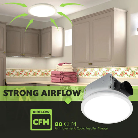 Quiet Bathroom Vent Fan With Integrated LED Light Ceiling Mount Exhaust 80 CFM One Point One Sones White Finish shown in a bathroom.
