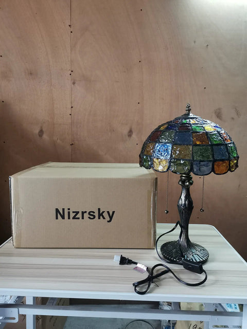 Crystal Square Tiffany Style Stained Glass Table Lamp 16 Inch Wide Handcrafted Desk Light beside box on wooden table