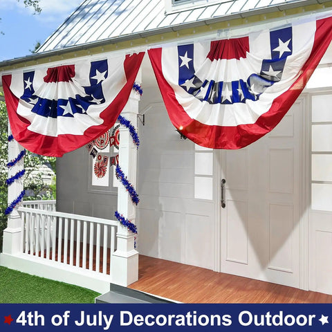 2 Pack 3x6 Ft Large American Pleated Fan Flag Bunting for Indoor Outdoor Use displayed on porch for Fourth of July