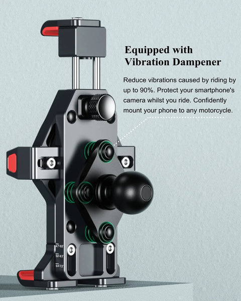 Heavy Duty Motorcycle Phone Mount With Silent Vibration Dampener And Lockdown Anti Theft Safety Knob For Cruiser And Sportbike Grips, detail view of adjustable clamp and dampener