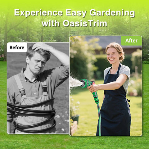 Before and after using Retractable 50 Ft Garden Hose Reel With Half Inch Hose And 10 Pattern Nozzle, showing ease of use in garden