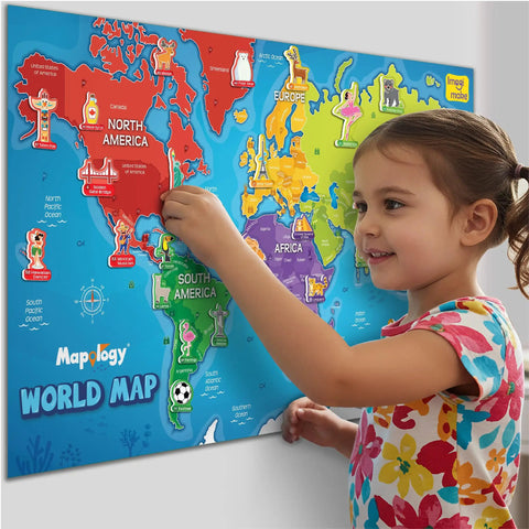 Child placing reusable sticker on Mapology World Map With Reusable Stickers For Kids Ages Five To Twelve Hands On Interactive Wall Map Learning Game That Makes Geography Fun With 100 Plus Reusable Stickers STEM Toy Gift For Boys And Girls