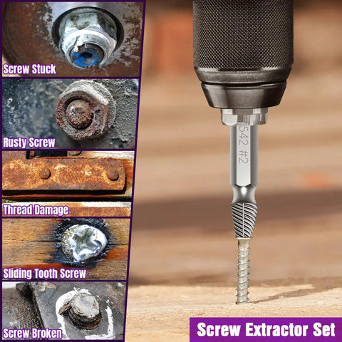 9 Piece Damaged Screw Extractor Set With HSS 6542 For Stripped Screws showing extractor bit in use on stuck bolts