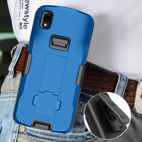 Heavy Duty Kickstand Case Paired With Swivel Belt Holster Combo For Zebra Tc22 And Tc27 Warehouse Scanners Delivering Dead Reliable Protection And Swift One Hand Mounting Blue, shown mounted on belt.