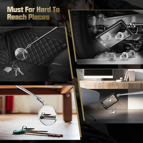 Extendable Magnetic Pickup Tool Set Five Piece With Telescoping Handles And Magnetic Flashlight Includes One Pound And Eight Pound Sticks Round And Square 360 Degree Adjustable Inspection Mirror The Perfect Gift For Him