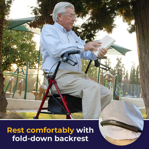 Rock Solid Red Rollator Walker With Cushy Seat And Steel Frame For Smooth Indoor Outside Navigation Heavy Duty Senior Mobility Aid 7.5 Inch Wheels Built Tough All Day Long Ride. Senior man reading while seated on rollator.