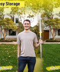 Man holding Expandable Leaf Rake For Lawns And Gardens With 7 To 23 Inch Head And 64 Inch Adjustable Metal Handle, before and after grass cleanup.