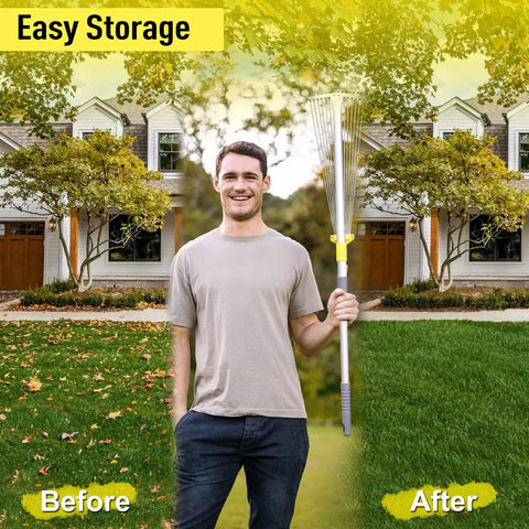 Man holding Expandable Leaf Rake For Lawns And Gardens With 7 To 23 Inch Head And 64 Inch Adjustable Metal Handle, before and after grass cleanup.