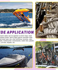 Collage showing rope-wrapped pins in use, boat secured with lanyards, and bicycles on a car rack, highlighting wide cable applications.