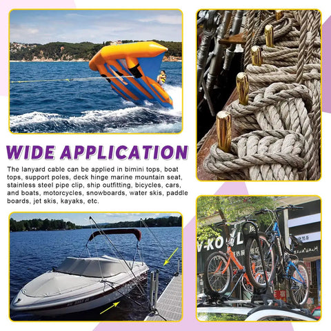 Collage showing rope-wrapped pins in use, boat secured with lanyards, and bicycles on a car rack, highlighting wide cable applications.