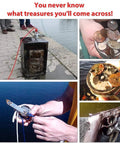 Double-sided magnet fishing kit with rope; collage shows magnet deployment, coin finds, and rusted items.