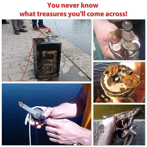 Double-sided magnet fishing kit with rope; collage shows magnet deployment, coin finds, and rusted items.