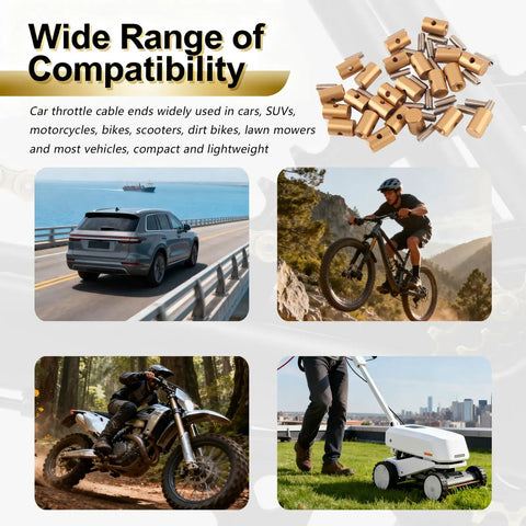 Collage showing images of cars, bicycles, motorcycles, and a lawn mower highlighting 24 Pack Throttle Cable Ends Kit 6mm Solderless End Caps for Car Motorcycle Bicycle Universal End Clamp with Screws Brake and Throttle Cable Repair Kit with view of included cable ends.