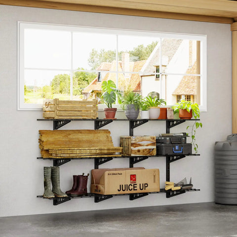 Garage Must Have 3 Tier Wall Shelving System For Heavy Duty Storage installed with various items, black shelves