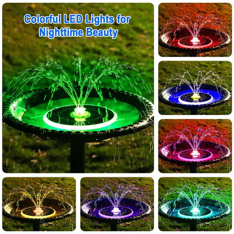 Solar Powered Bird Bath Fountain With Six Point Five Watt Solar Panel And 3000mAh Battery, Cool Color Changing LED Lights