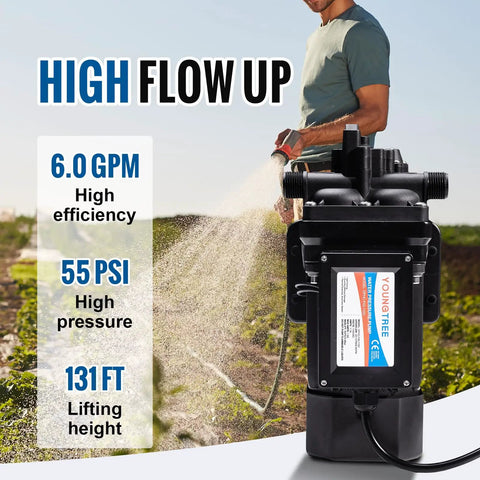 Top Shelf Brushless 110 Volt AC Water Pressure Transfer Pump 6.0 GPM 55 PSI in use for garden irrigation outdoors.