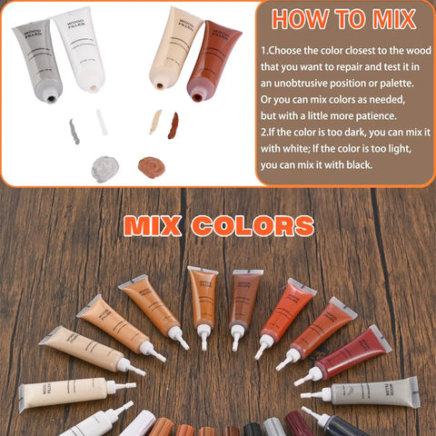 Top Shelf Wood Filler Repair Kit With Durable Putty To Easily Patch Up Deep Scratches Cracks And Dents On Beat Up Furniture Sweet Finish Pro Fix Set - color mixing guide with tubes of wood filler