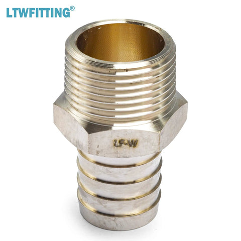 Heavy Duty No Lead Brass Barbed Fitting 1 Inch Hose Barb To 1 Inch Male NPT Pipe Thread, close up showing brass material and threads.