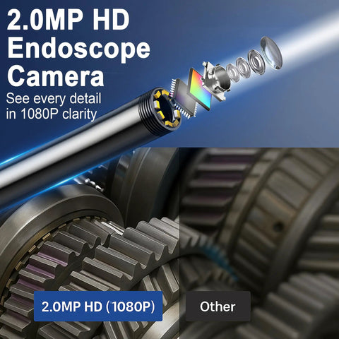 Diagram showing 49.2 Ft Semi-Rigid Endoscope Camera With Light, lens assembly, and clear gear inspection.