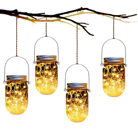 Eight Pack Solar Jar Light Lids With Fairy Star Firefly LED Strings, 30 Warm White LEDs Per Light, Includes Eight Hangers