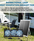 Solar Exhaust Fan Kit With 25W Solar Panel And Three Vent Fans beside camper for ventilation intake or exhaust air
