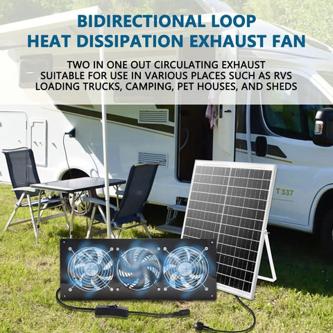 Solar Exhaust Fan Kit With 25W Solar Panel And Three Vent Fans beside camper for ventilation intake or exhaust air