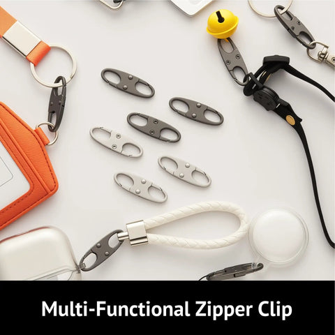 Anti Theft Zipper Clips For Backpacks And Luggage Four Pack Double Opening Carabiner Zipper Locks displayed with accessories