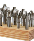 Shars 8-piece HSS corner-rounding end mill set, front view on a wooden block, sizes 1/16–3/8 in.