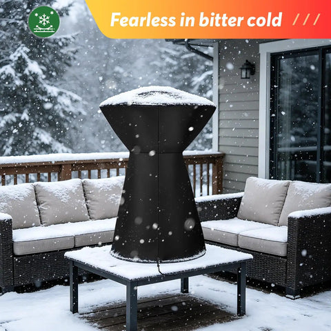 Rugged Waterproof Patio Heater Cover For Portable Tabletop Heaters 18-Inch By 25-Inch Fits COH-500 And Similar Infrared Heaters Tear Resistant Oxford Cloth Keeps Your Outdoor Heater Dry And Ready For Action installed on a heater in a snowy patio scene