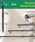 Various sizes of Fourteen By Four Inch Wood Structural Screws Exterior Hex Head Lag Screws with hex socket and dimensions.