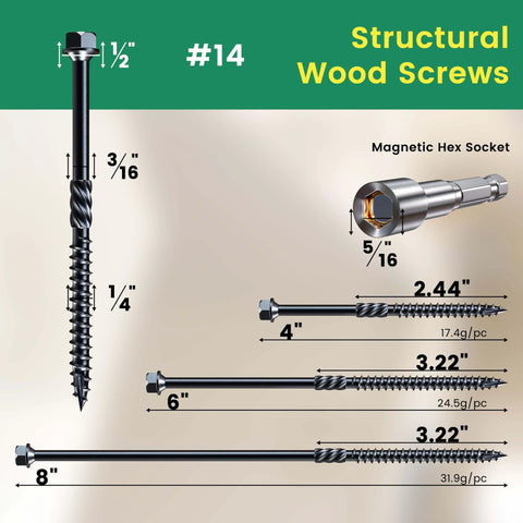 Various sizes of Fourteen By Four Inch Wood Structural Screws Exterior Hex Head Lag Screws with hex socket and dimensions.